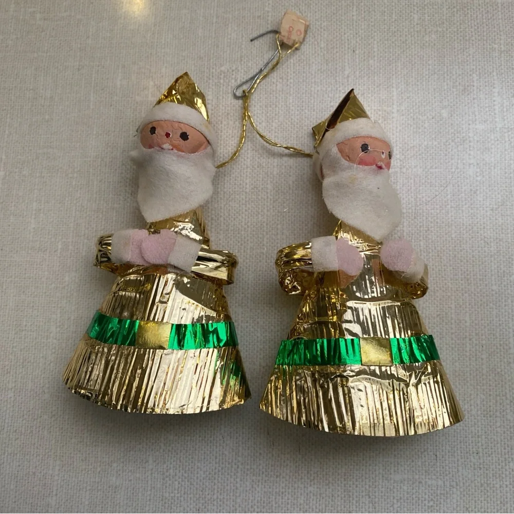 Vintage Japan 69’ Foil Santa Claus‎ Christmas Ornaments Set Of 2